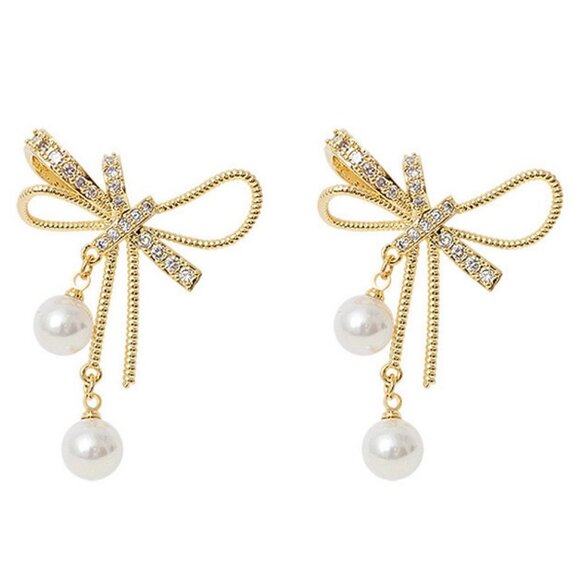 Pearl Bow Stud Earrings - Picture 1 of 3